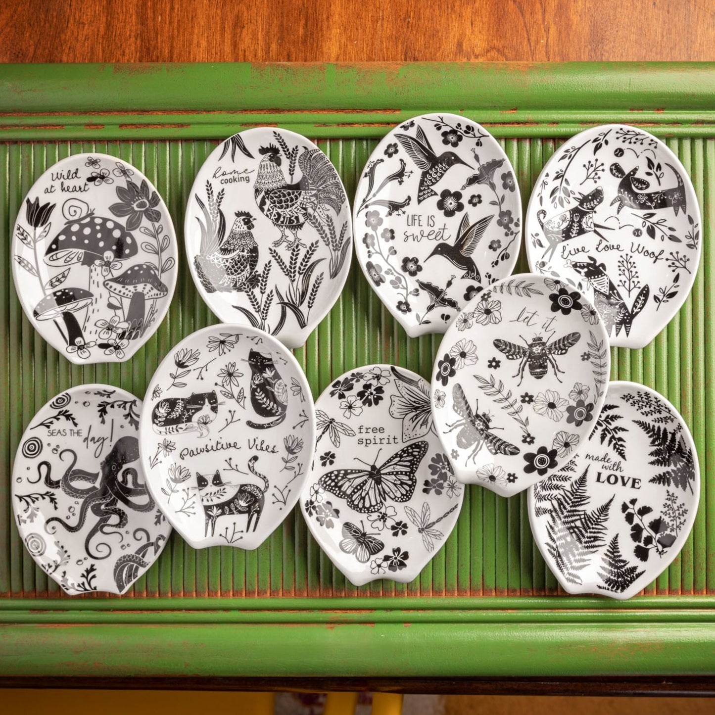 Boho spoon rests against a green background