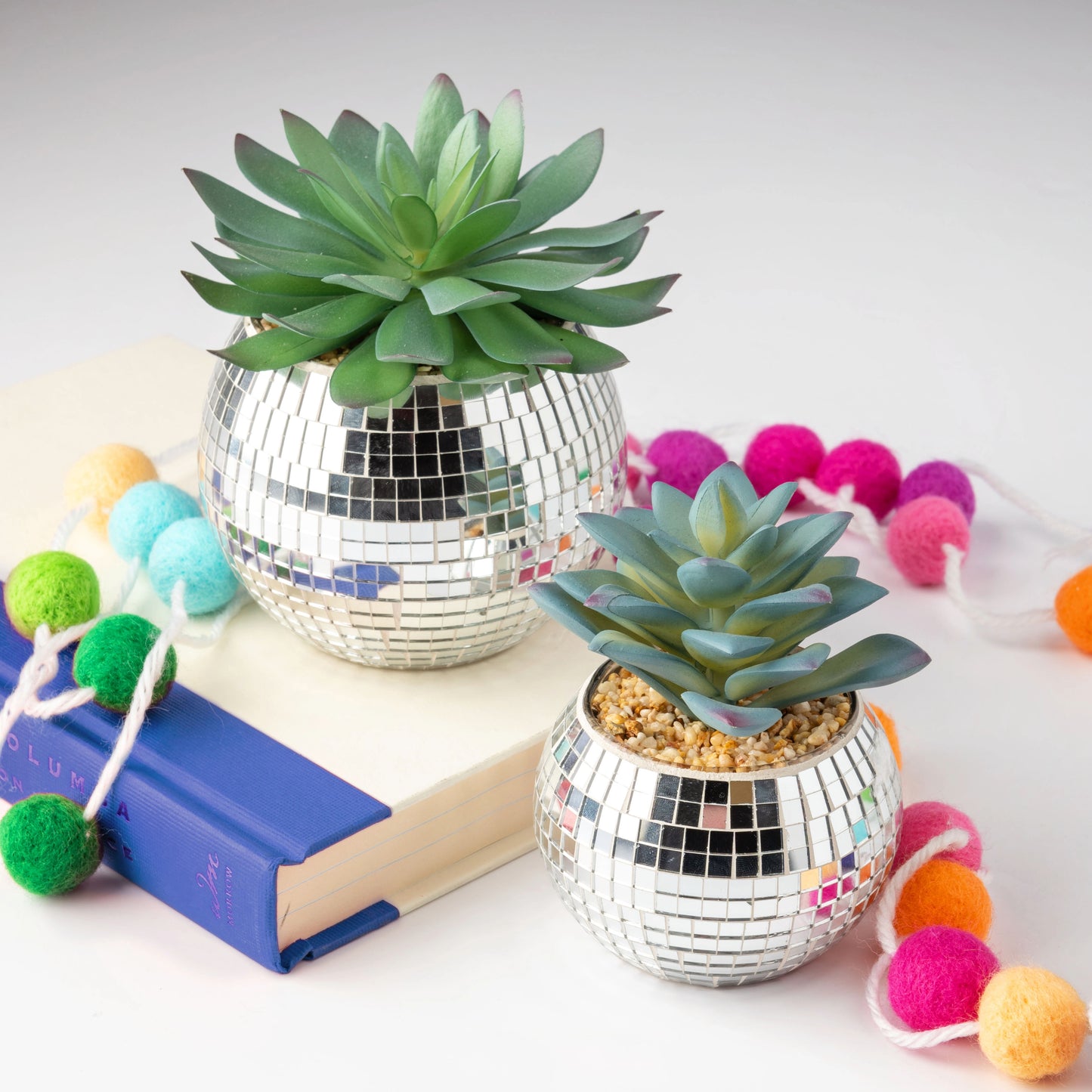 Disco succulent pots on a white table with a book.