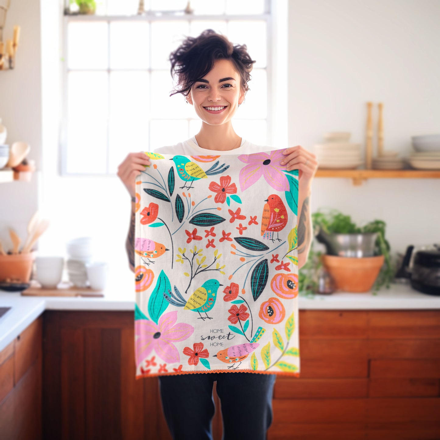 Bird Eclectic Tea Towel being held in a kitchen