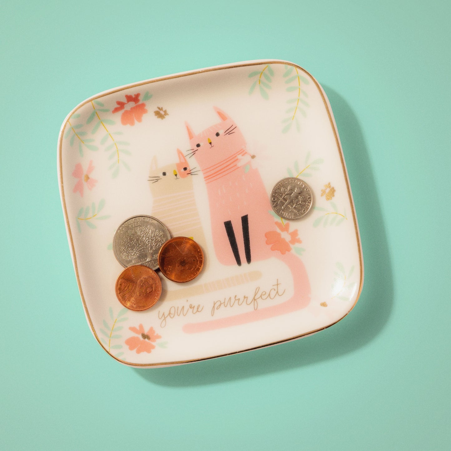 Cat Large Flora Square Trinket Tray on a blue background.