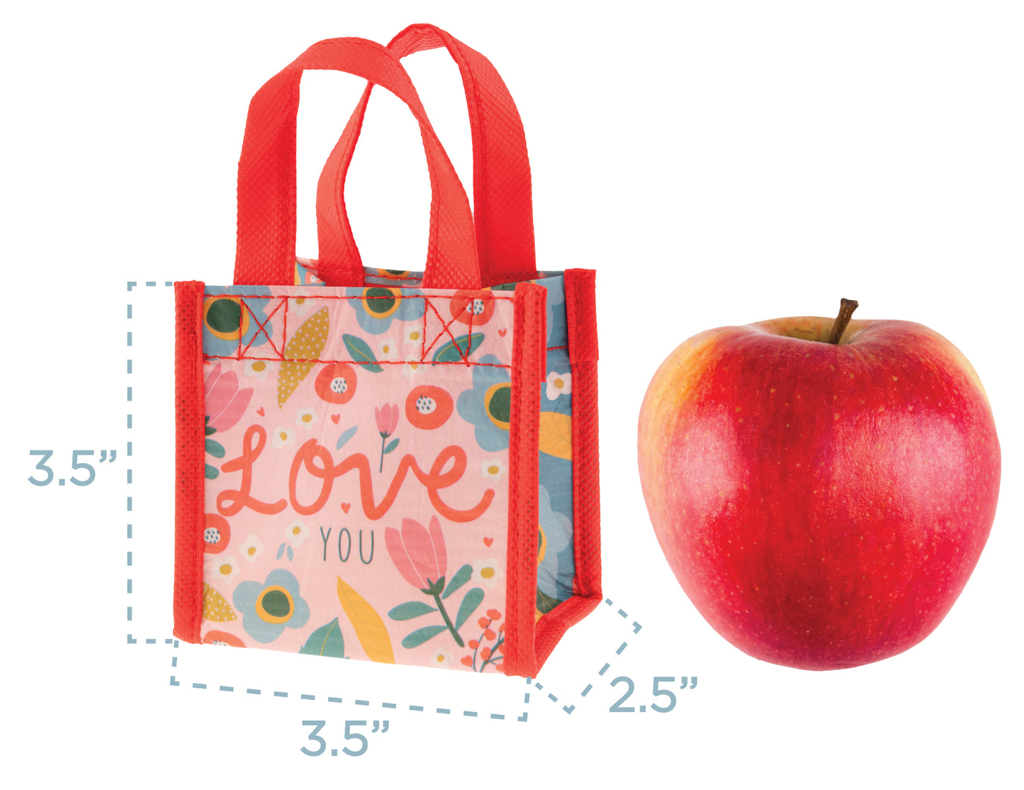 Recycled Tiny Gift Bag infographic showing dimensions and size reference.