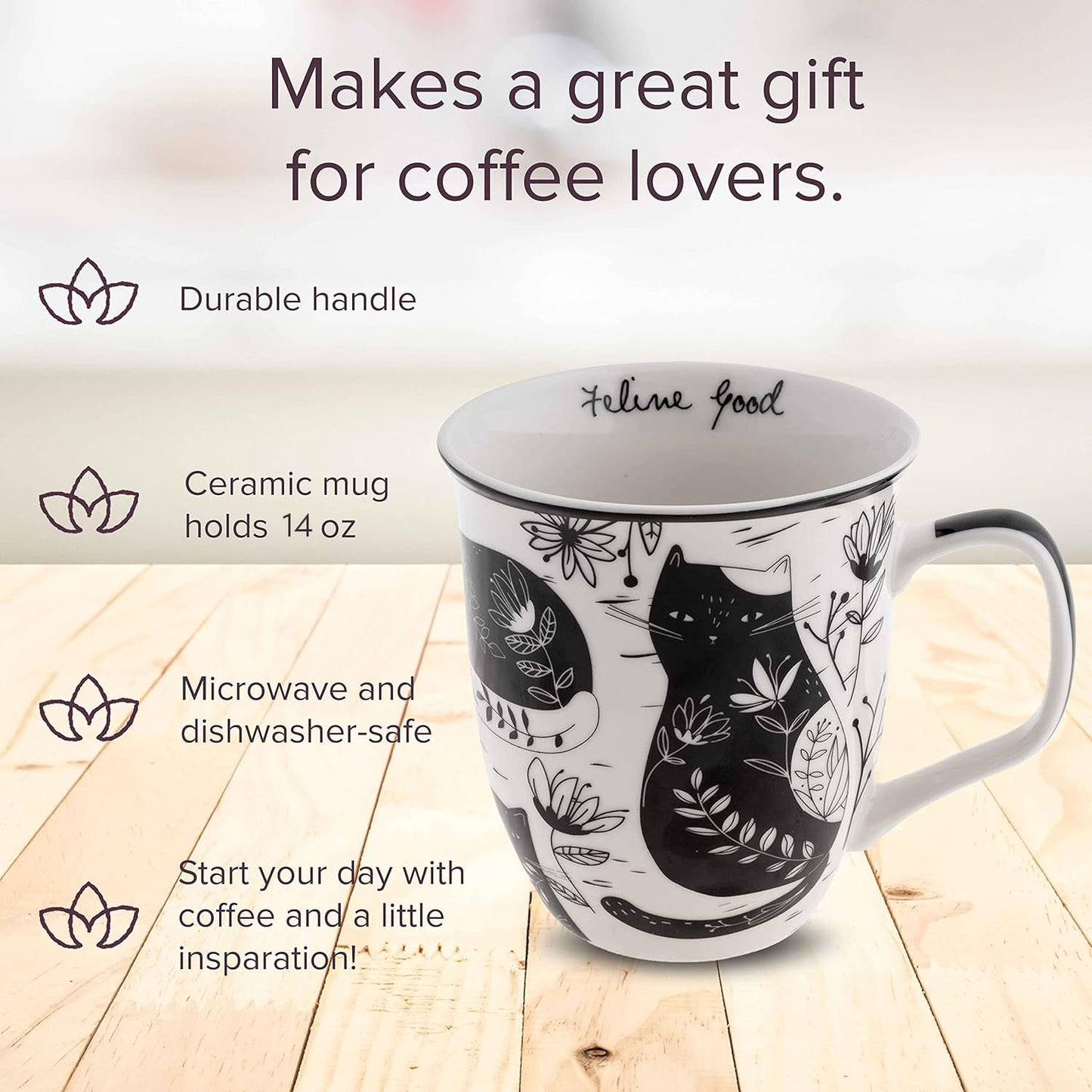 Boho mug infographic showing product features.