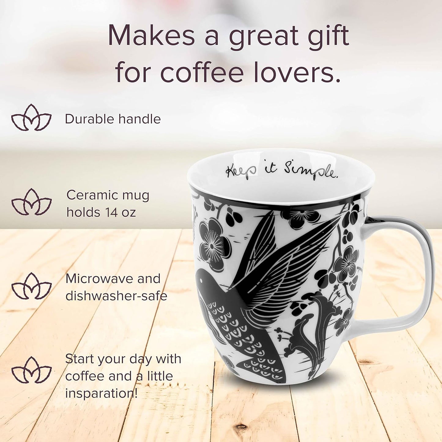 Boho mugs infographic showing product features.