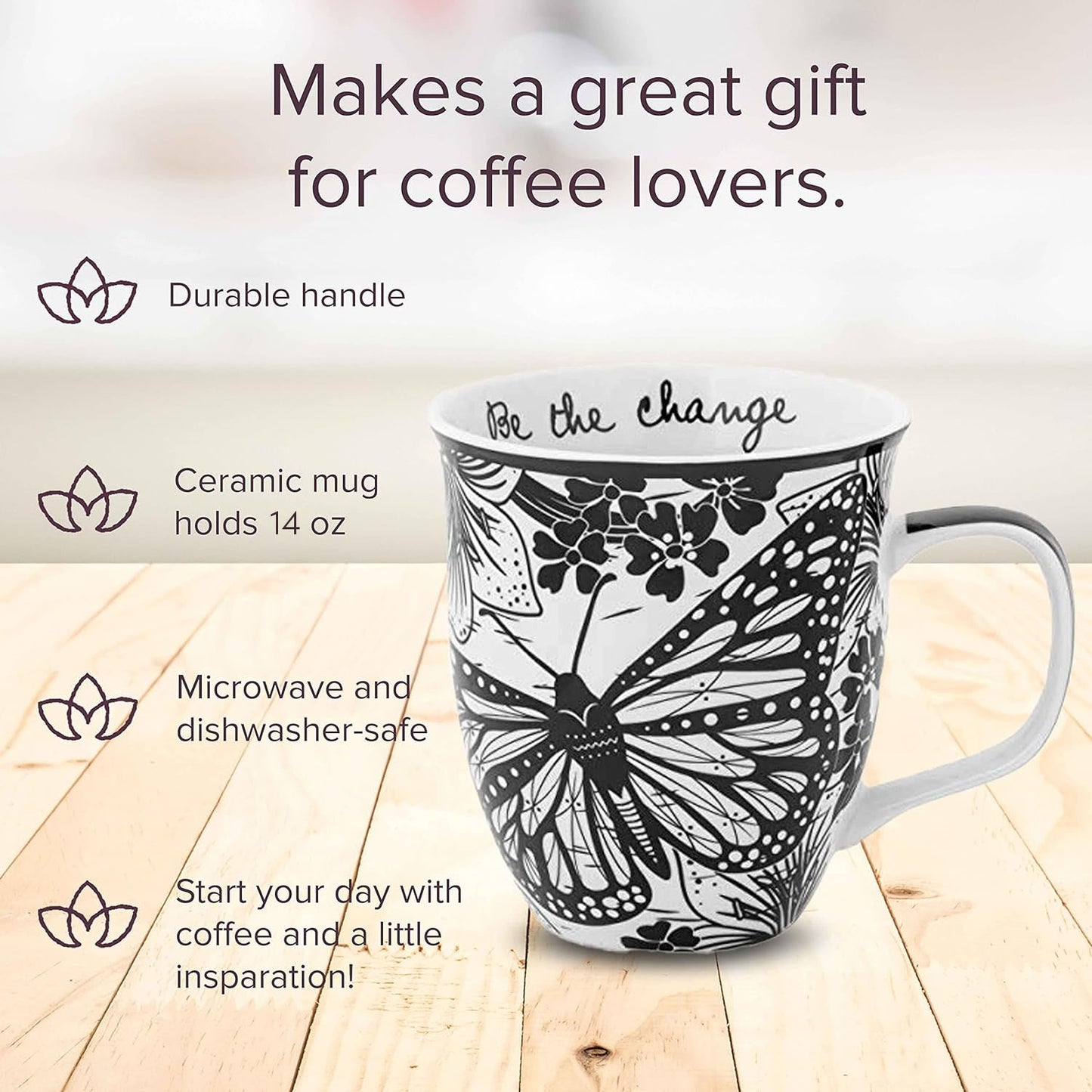 Boho mug infographic showing product features.