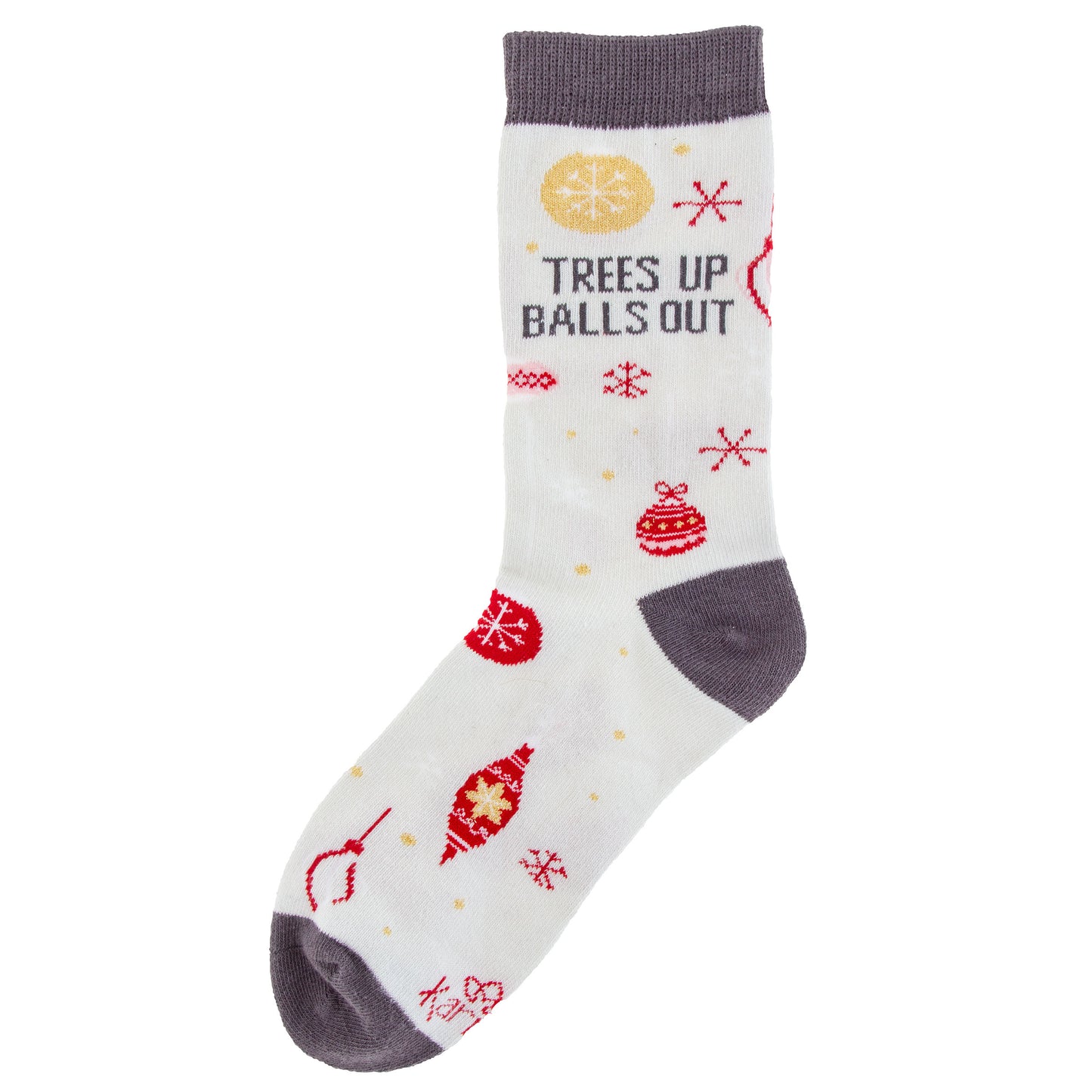 Trees Up Holiday Socks side with saying view.