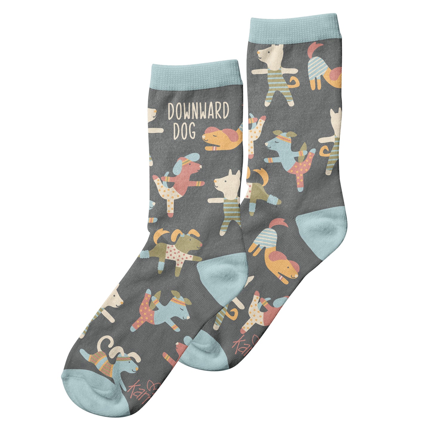 Gray downward dog crew socks view of both sides.