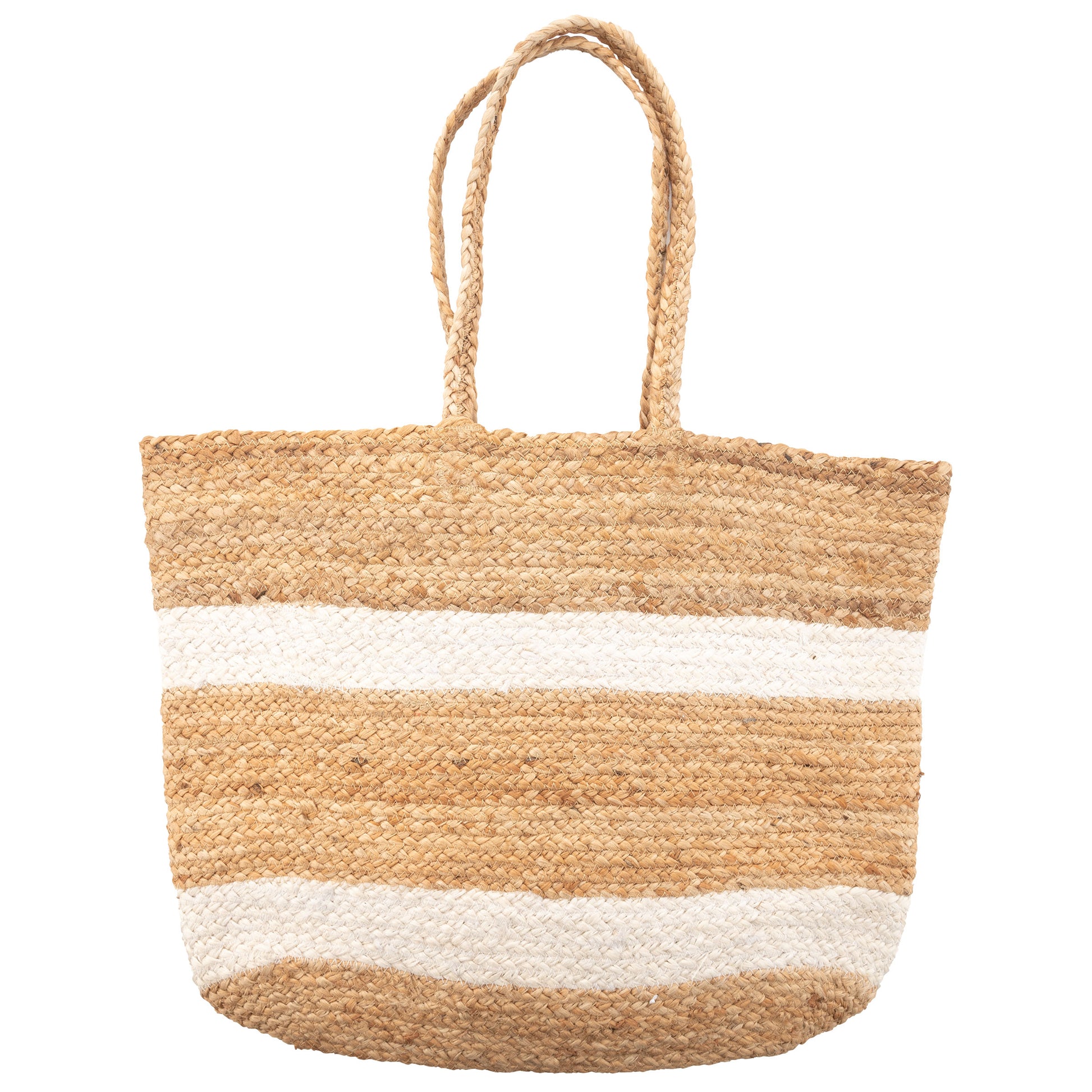 White Stripe Jute Beach Bag back view.
