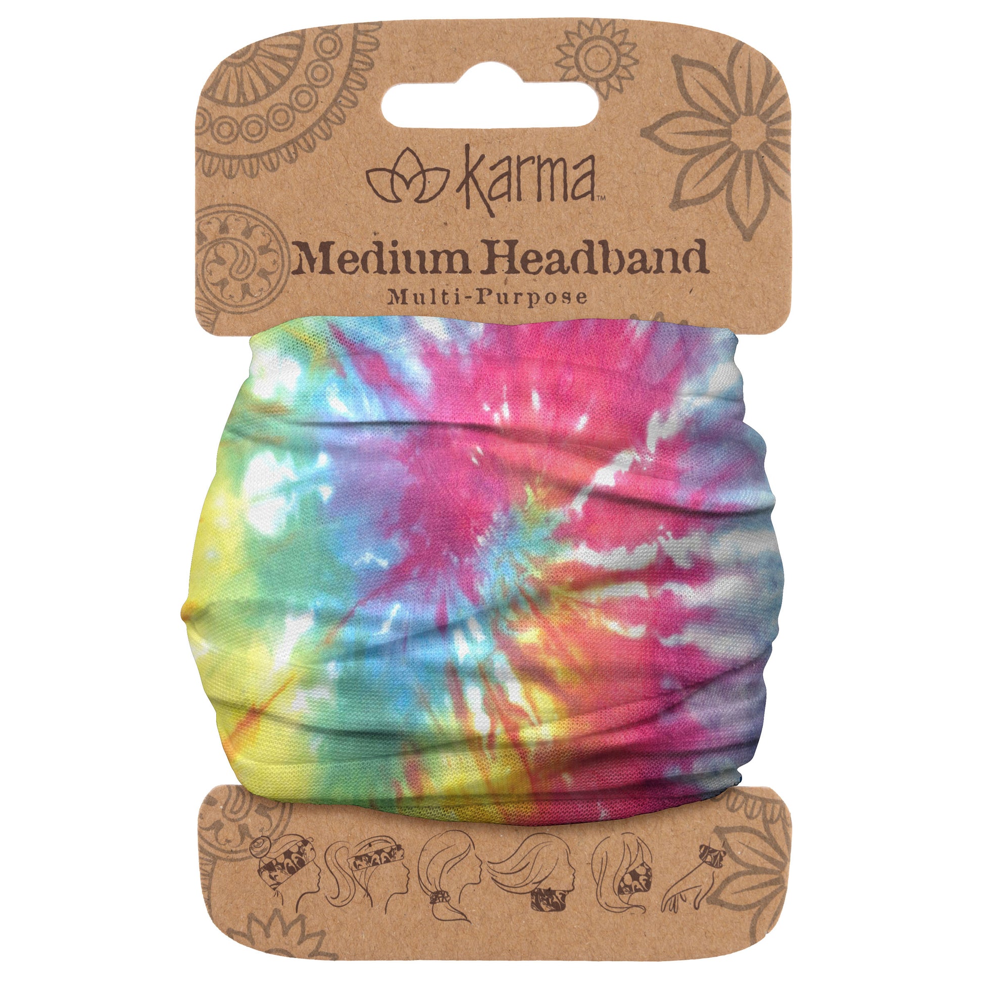 Multi Color Tie Dye Medium Headband packaged view.