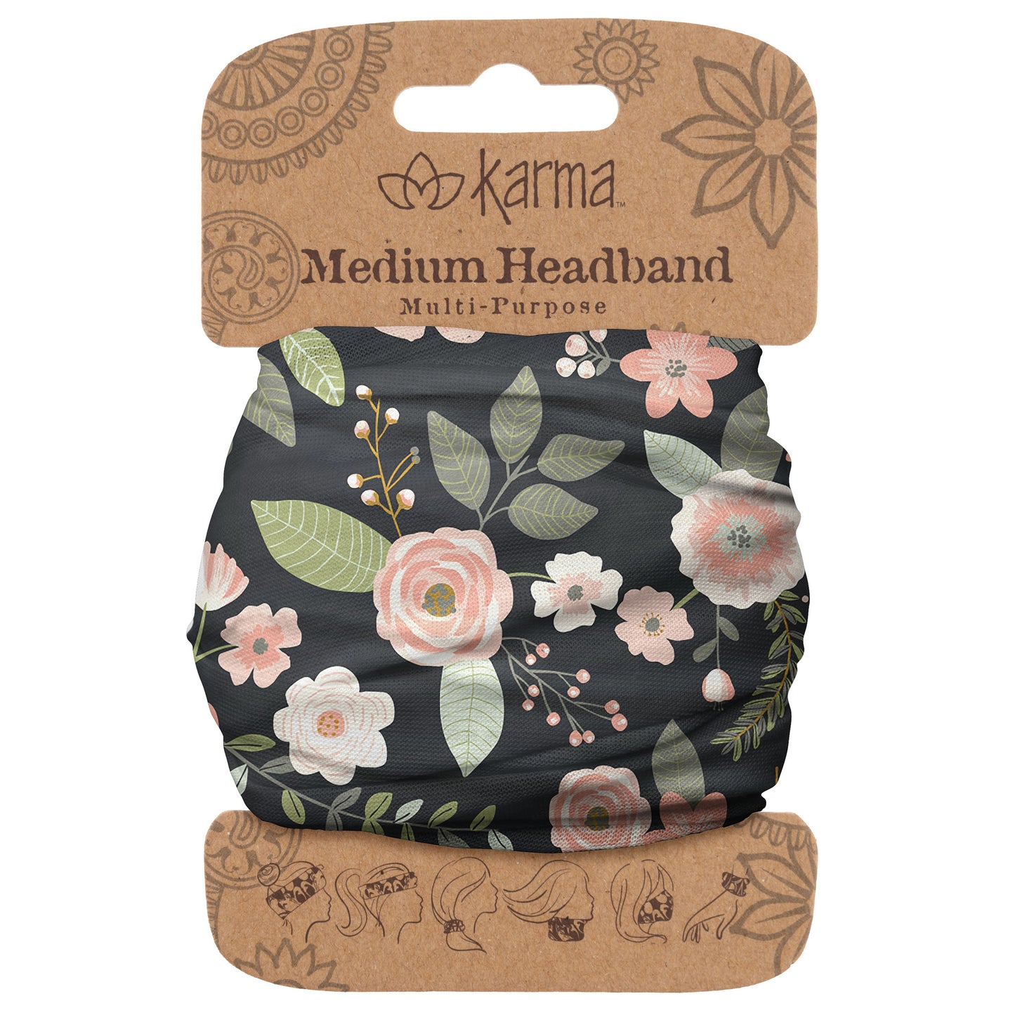 Black Floral Medium Headband packaged view.