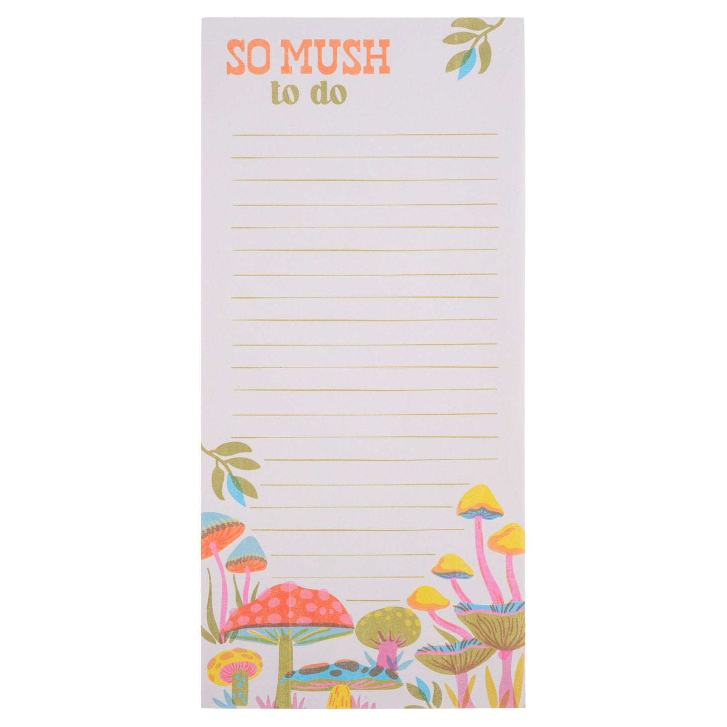 Notepad with colorful mushroom design and text 'So Mush to Do' on a white background