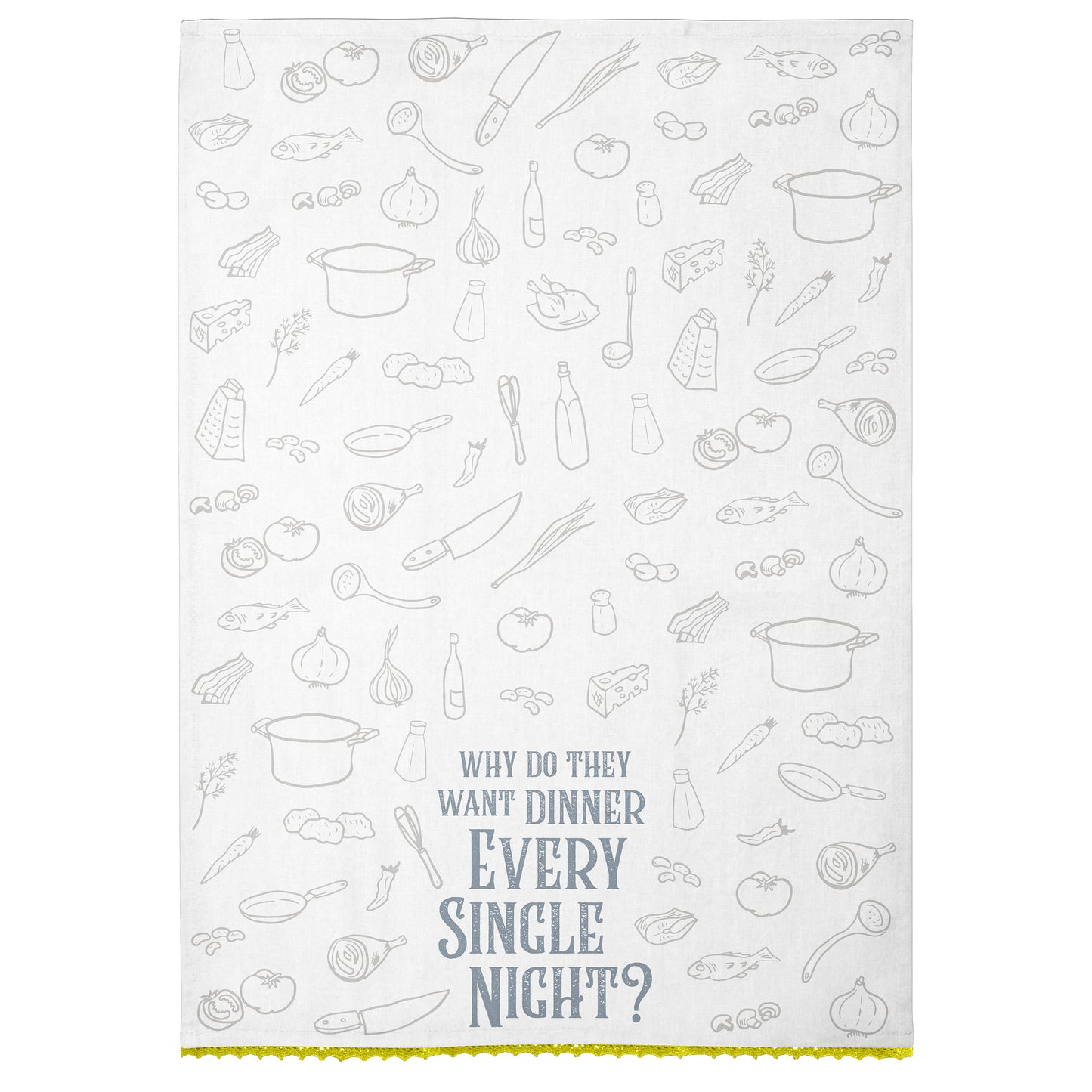 Why Dinner Flour Sack Tea Towel unfolded view.