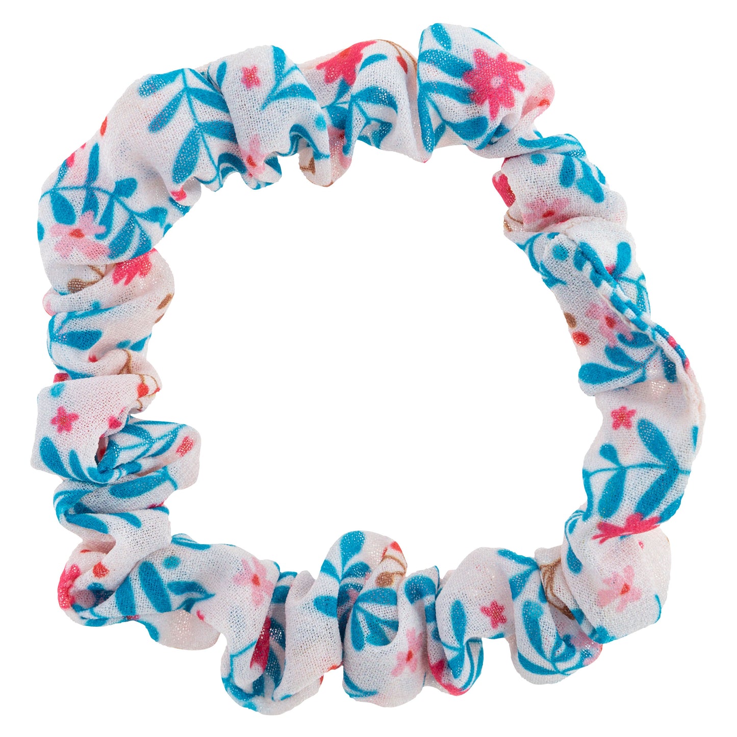 Blush Floral Slim Scrunchies white, blue and pink floral scrunchie view.