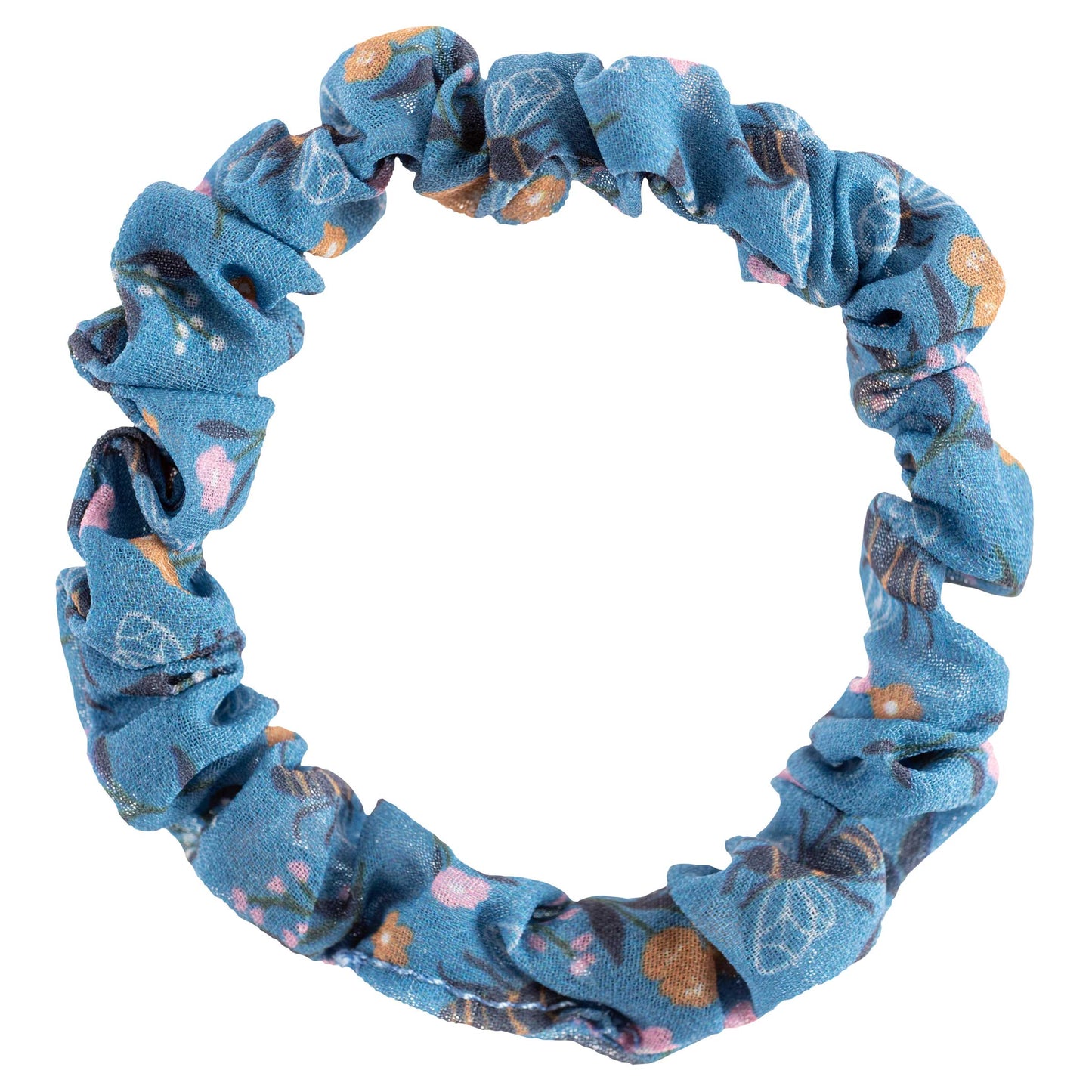 Bee Slim Scrunchies blue and yellow floral and bee scrunchie view.