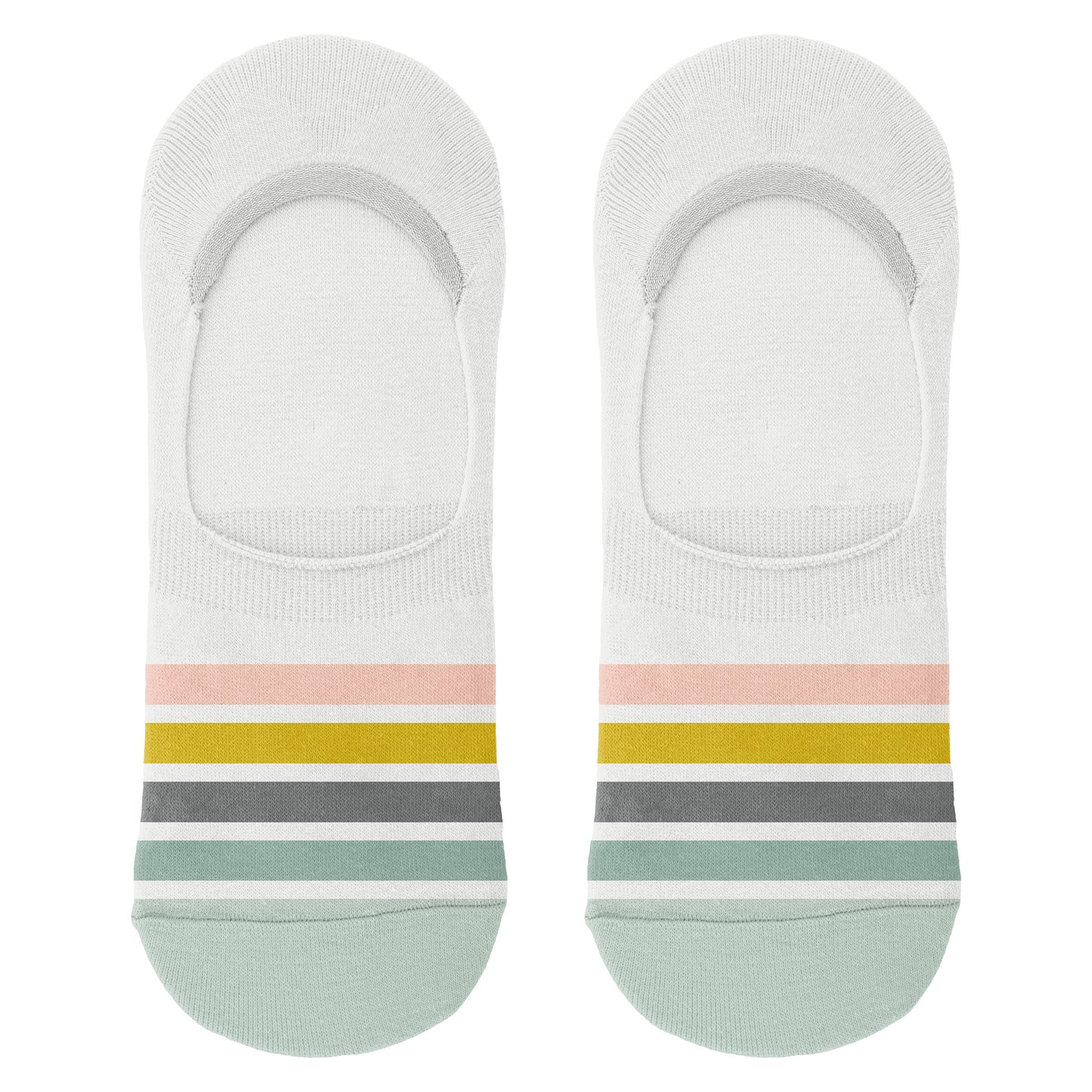 Camper No Show Socks white, pink, yellow and green stripes socks view.
