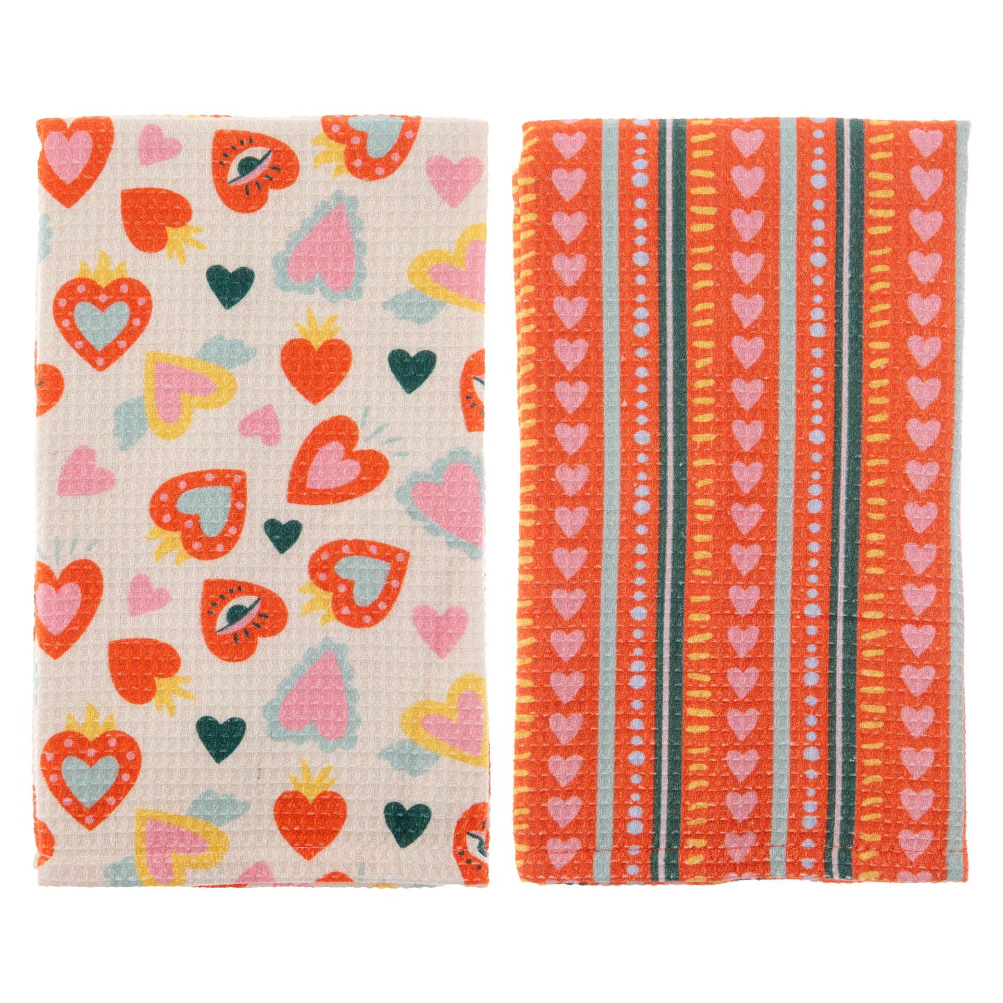 Hearts Waffle Weave Tea Towel view with both tea towels.