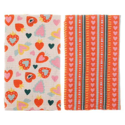 Hearts Waffle Weave Tea Towel view with both tea towels.
