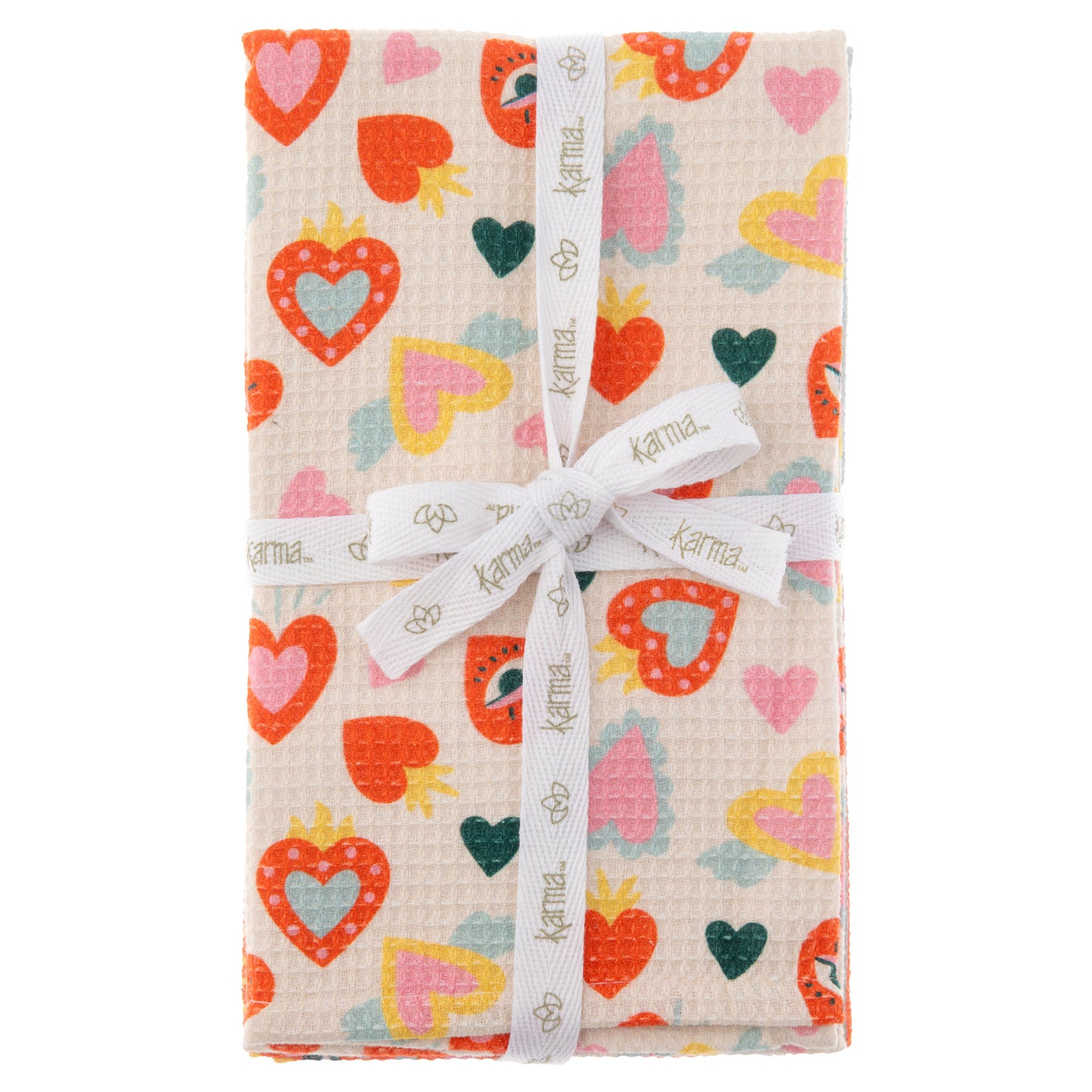 Hearts Waffle Weave Tea Towel packaging view.
