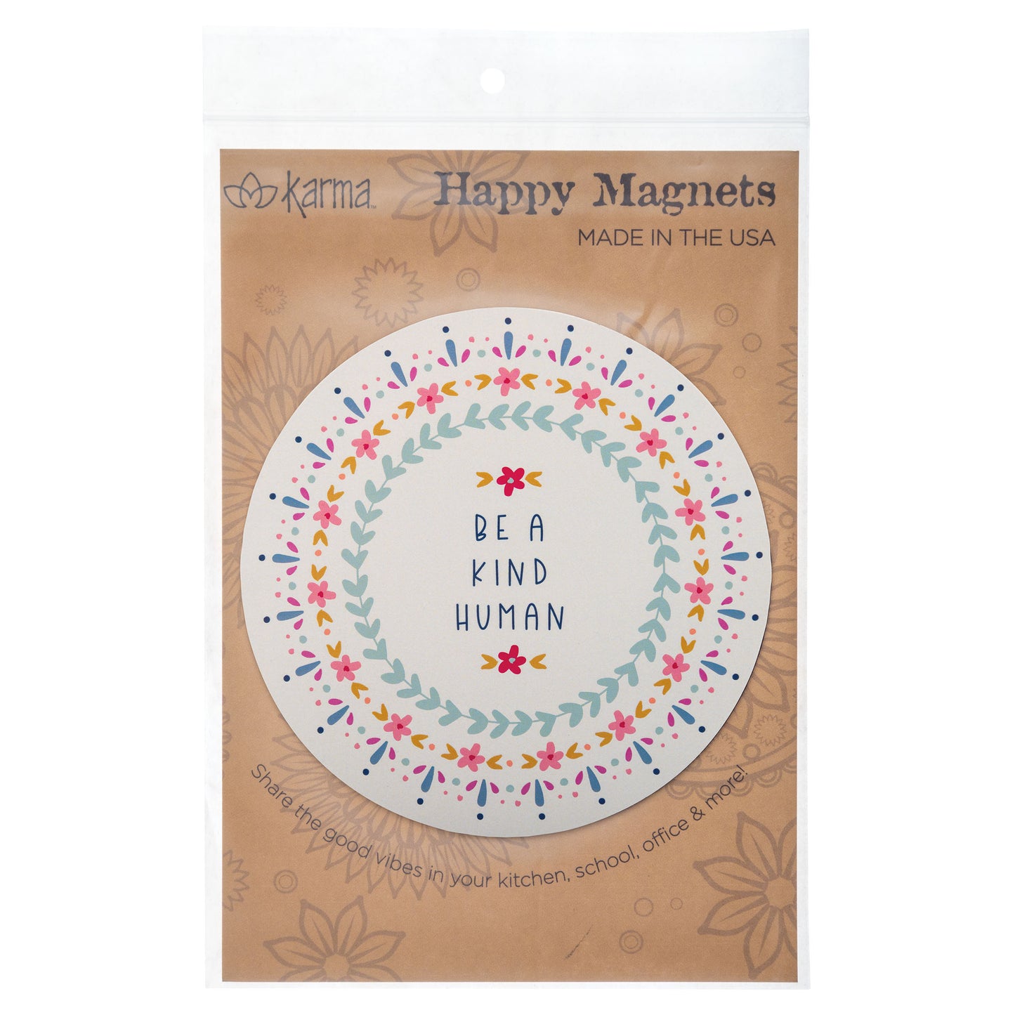 Be a Kind Human Happy Magnet packaging view.