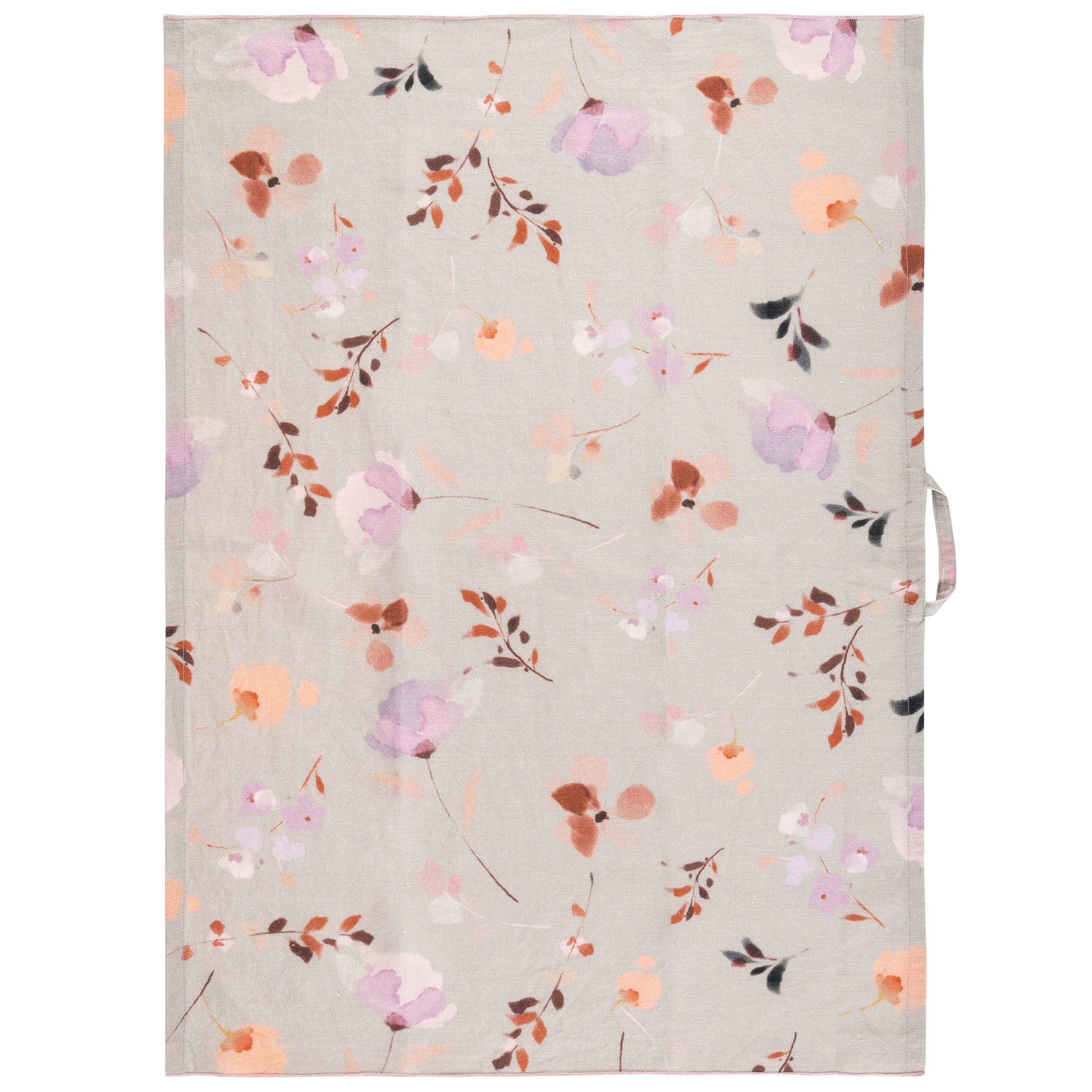 Lilac Floral Linen Blend Tea Towel unfolded view.