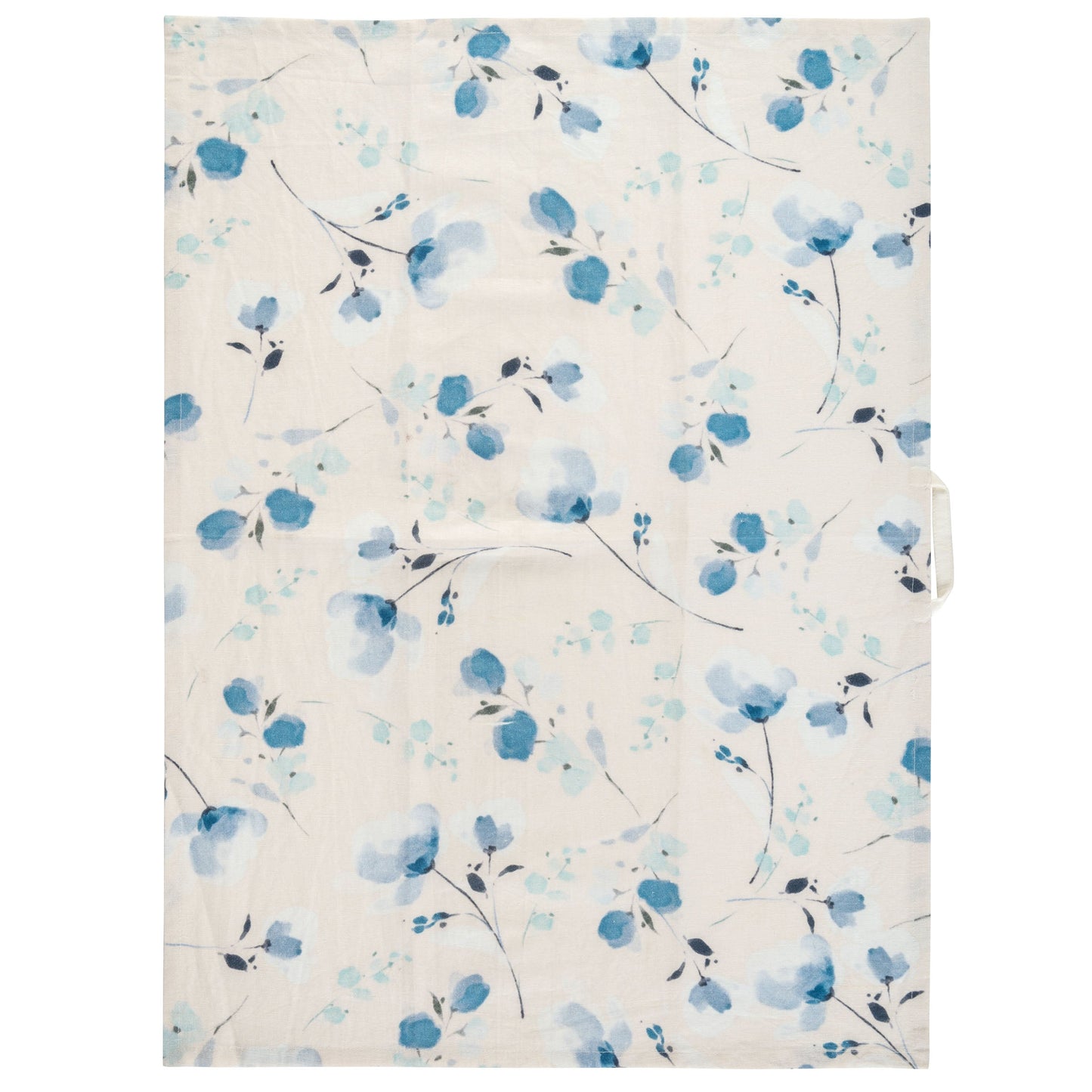 Blue Floral Linen Blend Tea Towel unfolded view.