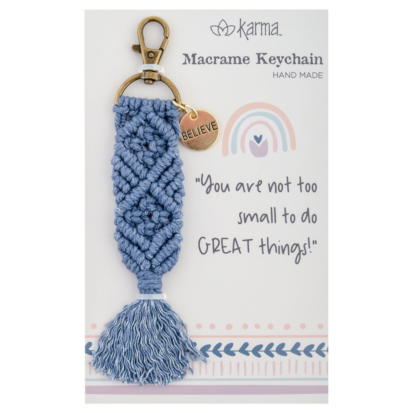 Believe Macrame Keychain packaging view.