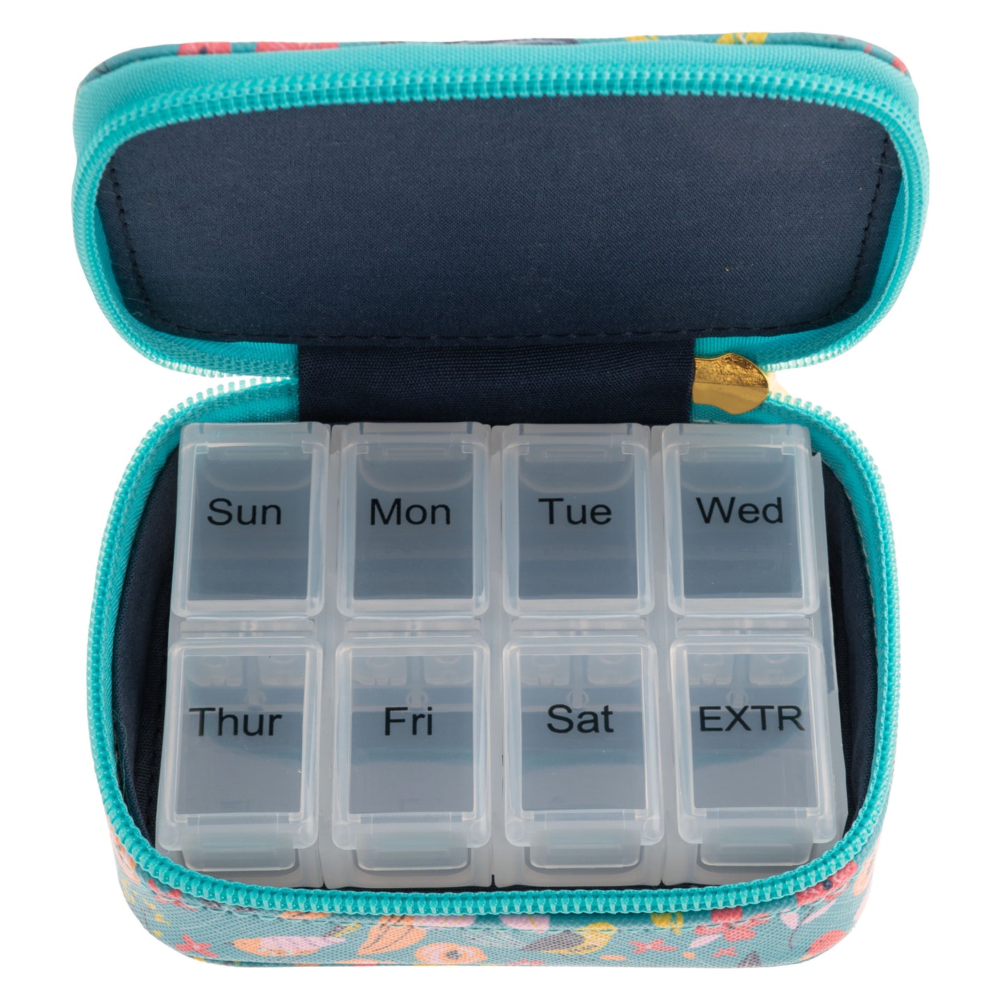 Bird Travel Pill Case open with pill box inside view.
