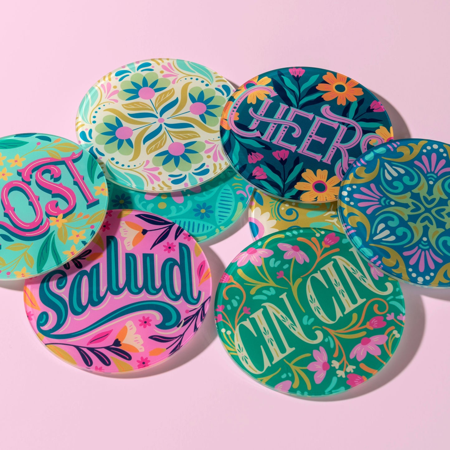 Acrylic coasters with a pink background