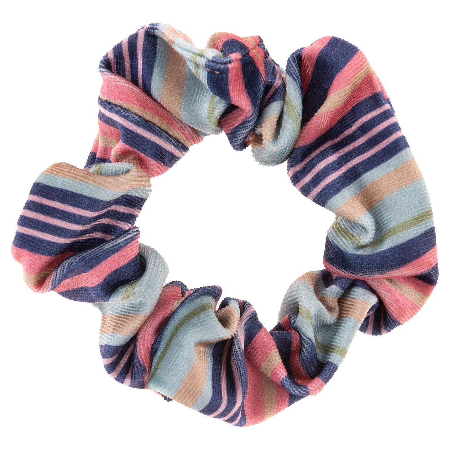 Navy Floral Velvet Scrunchies, pink and blue striped scrunchie view.