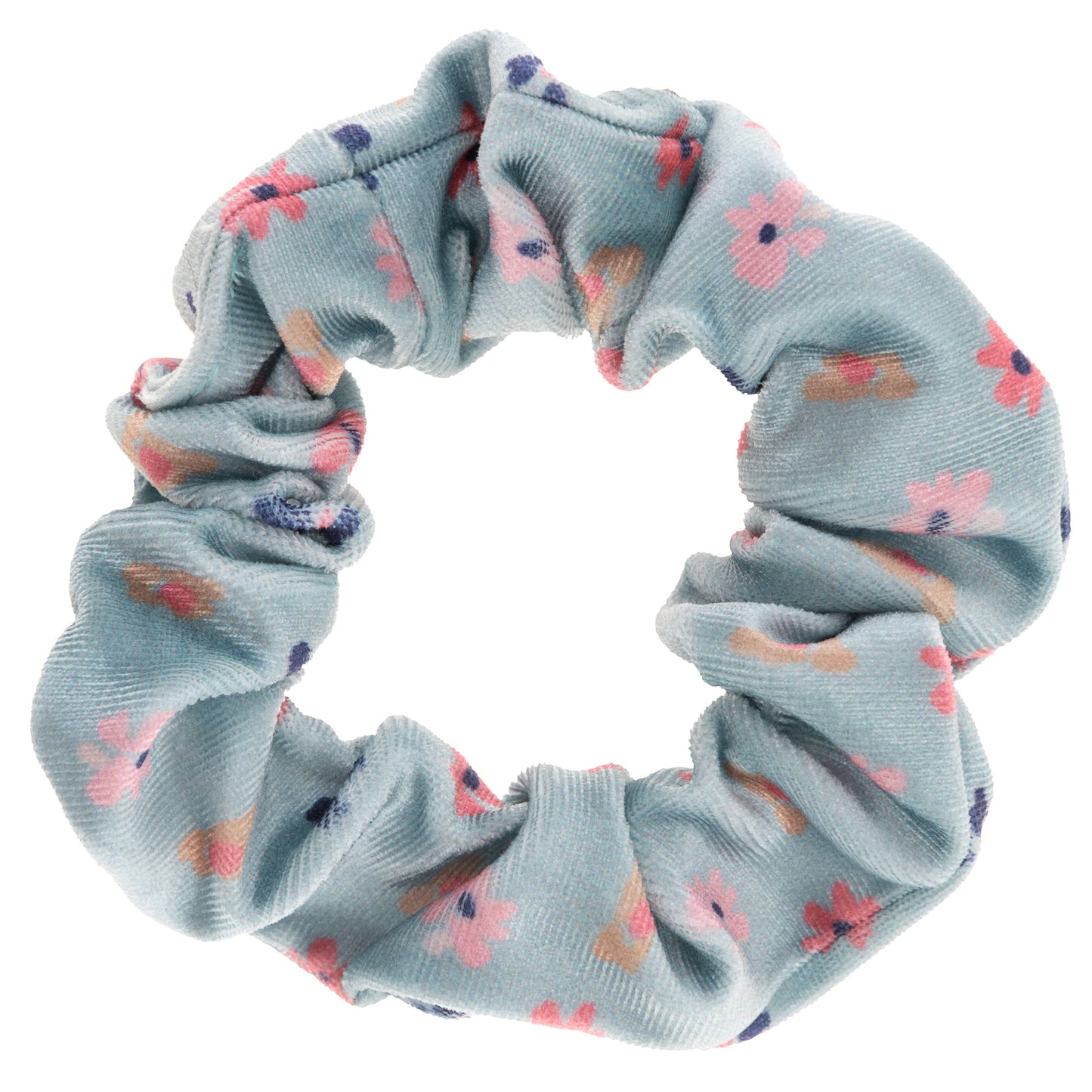 Navy Floral Velvet Scrunchies, blue and pink floral scrunchie view.