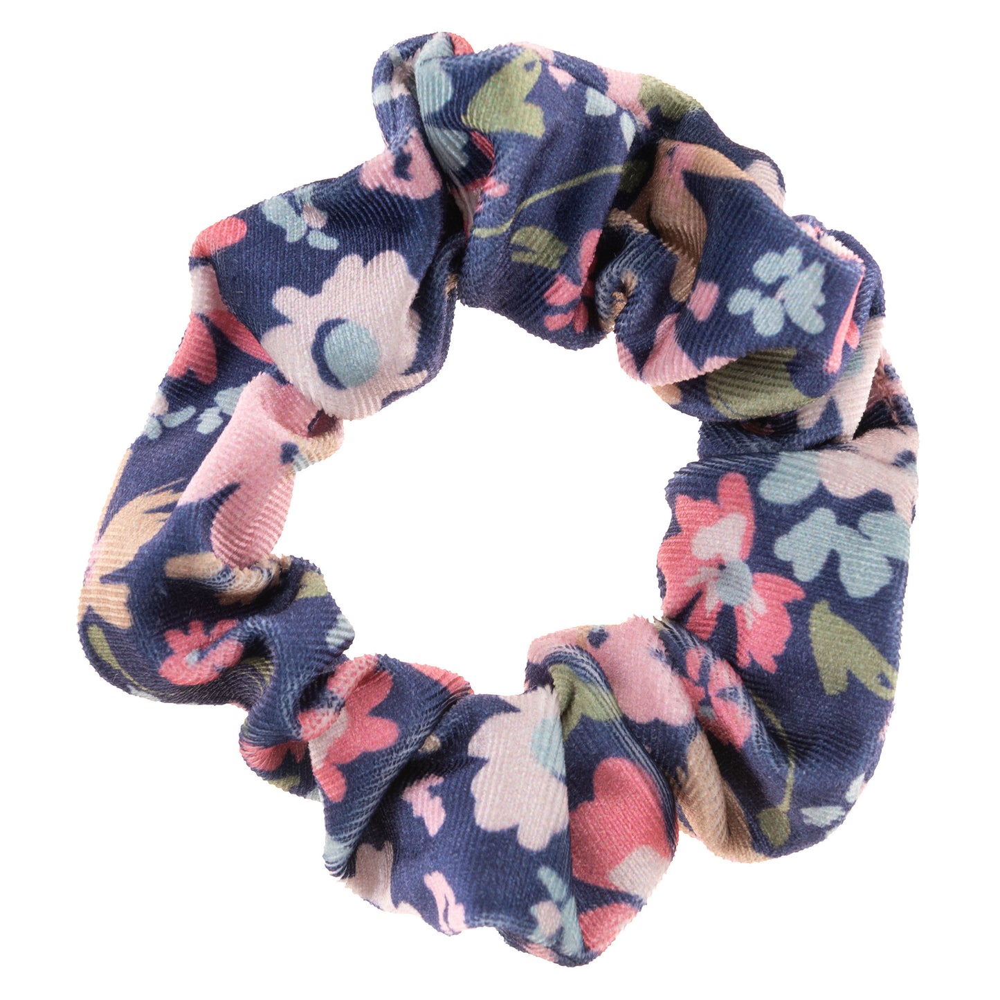 Navy Floral Velvet Scrunchies, navy and pink floral view.