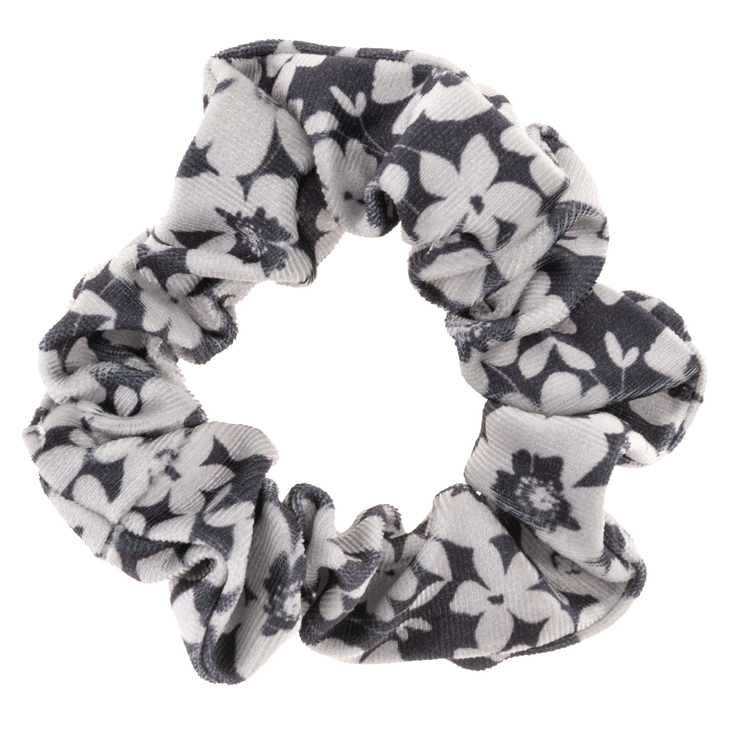 Ink Floral Velvet Scrunchies black and white scrunchie view.