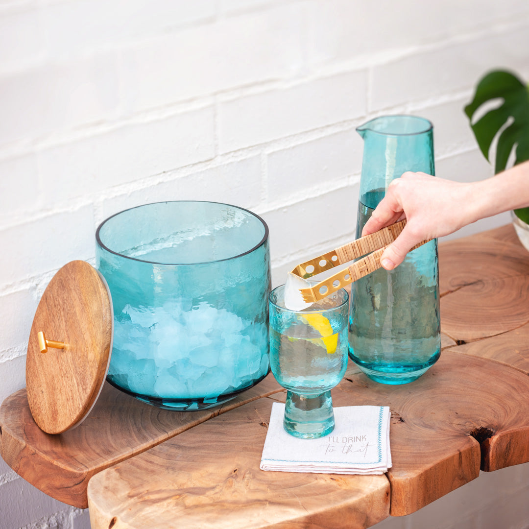 Clear Catalina Ice Bucket With Raffia Tongs