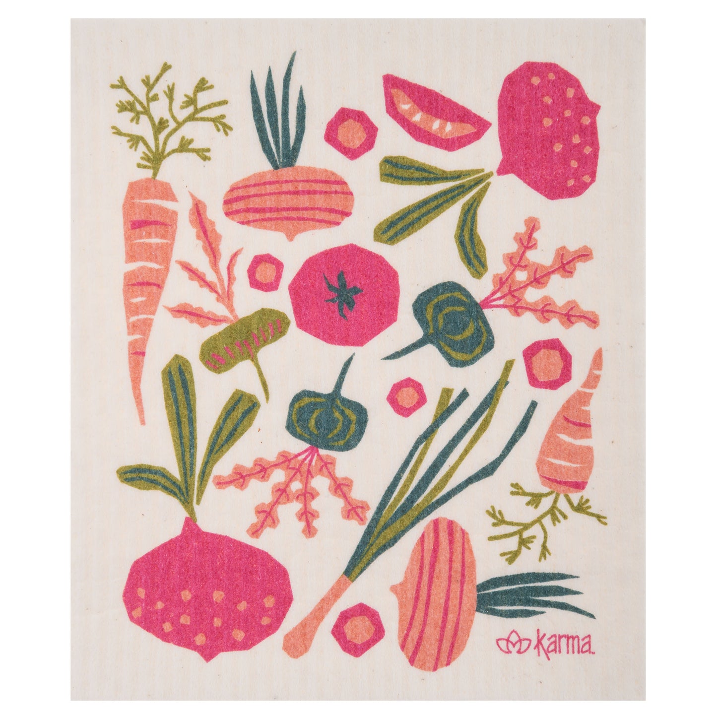 Rooted Swedish Dishcloth carrots and radishes dishcloth view.
