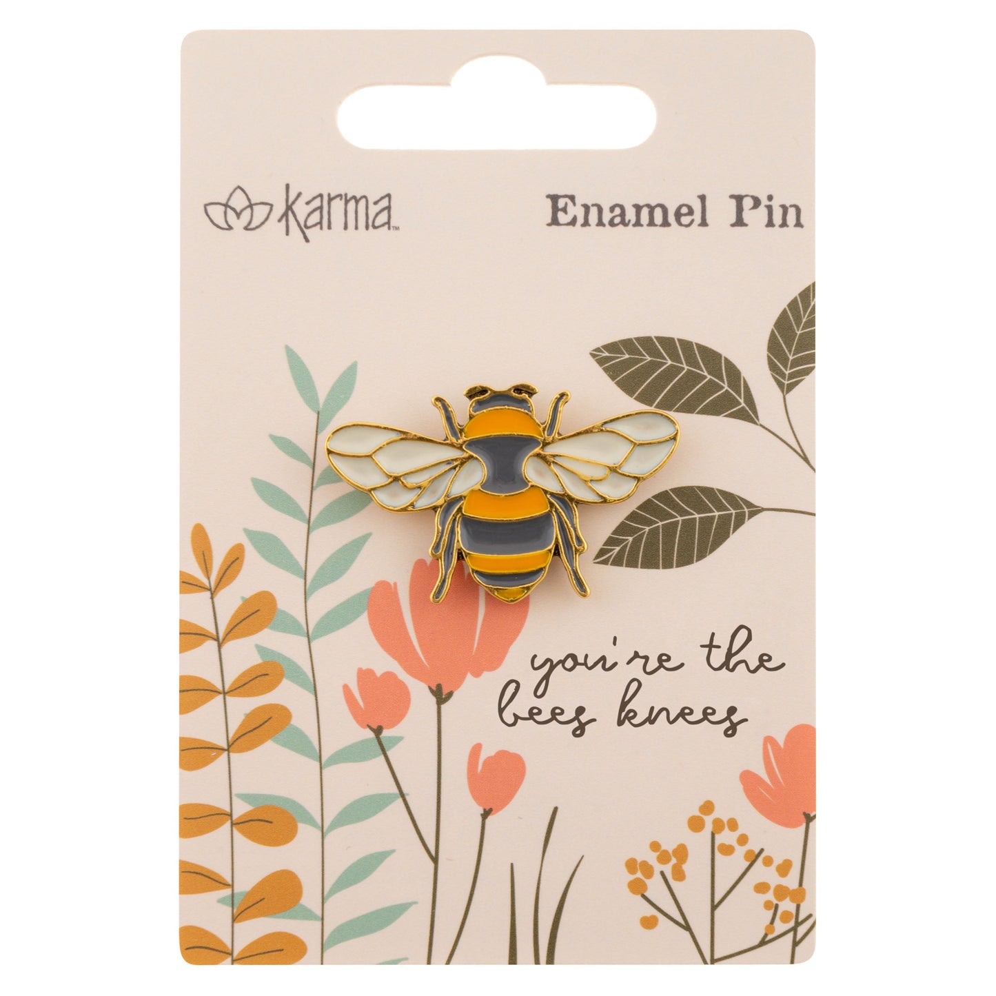 Bee enamel pin packaging view.