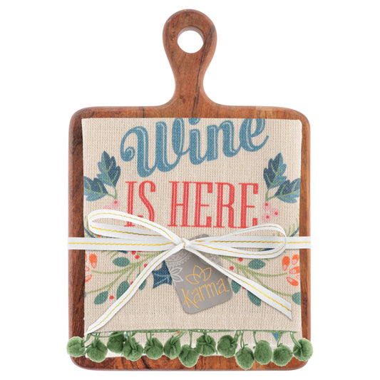 Wine is Here Holiday Tea Towel with Cutting Board