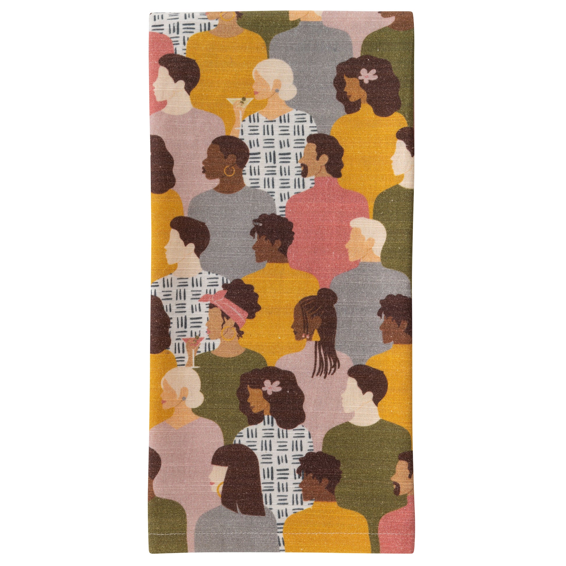 Metro Tea Towel design with people wearing yellow, pink and gray colors view.