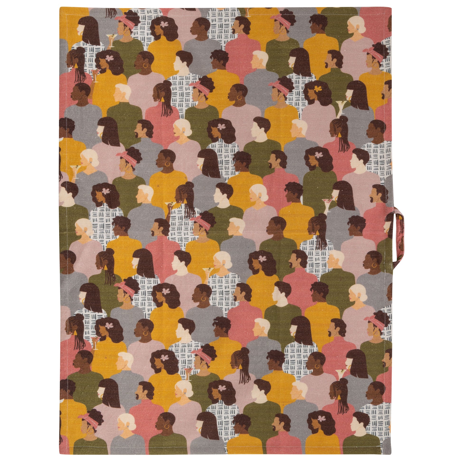 Metro Tea Towel design with people wearing yellow, pink and gray colors unfolded view.