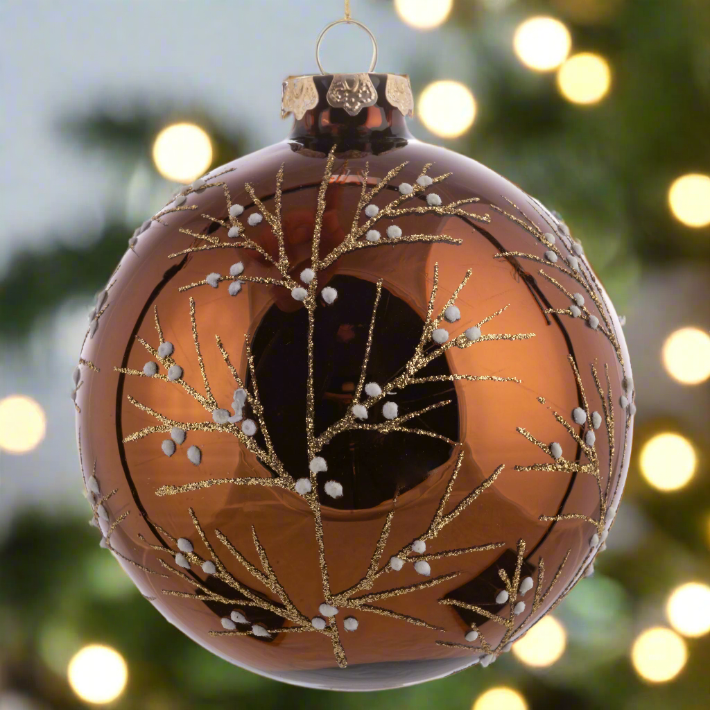 Ball Glitter Branch Glass Ornaments with holiday lighting in the background