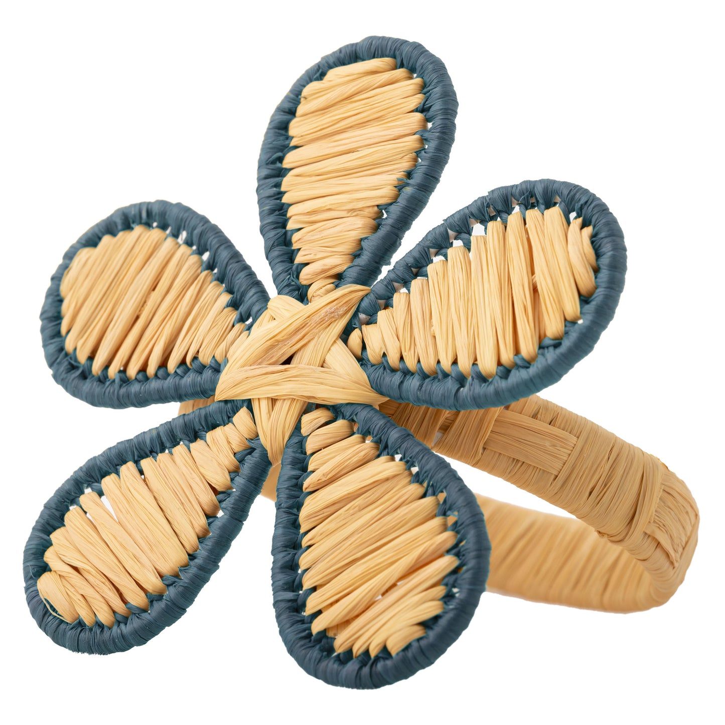 Blue Raffia Floral Napkin Ring front view.