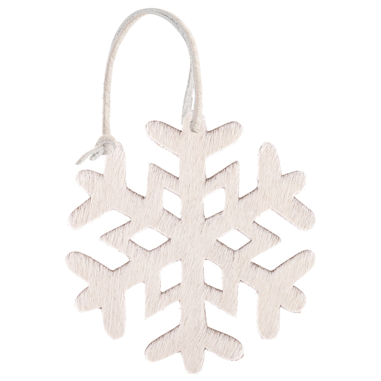 White Cowhide Leather Snowflake Ornaments view with string.
