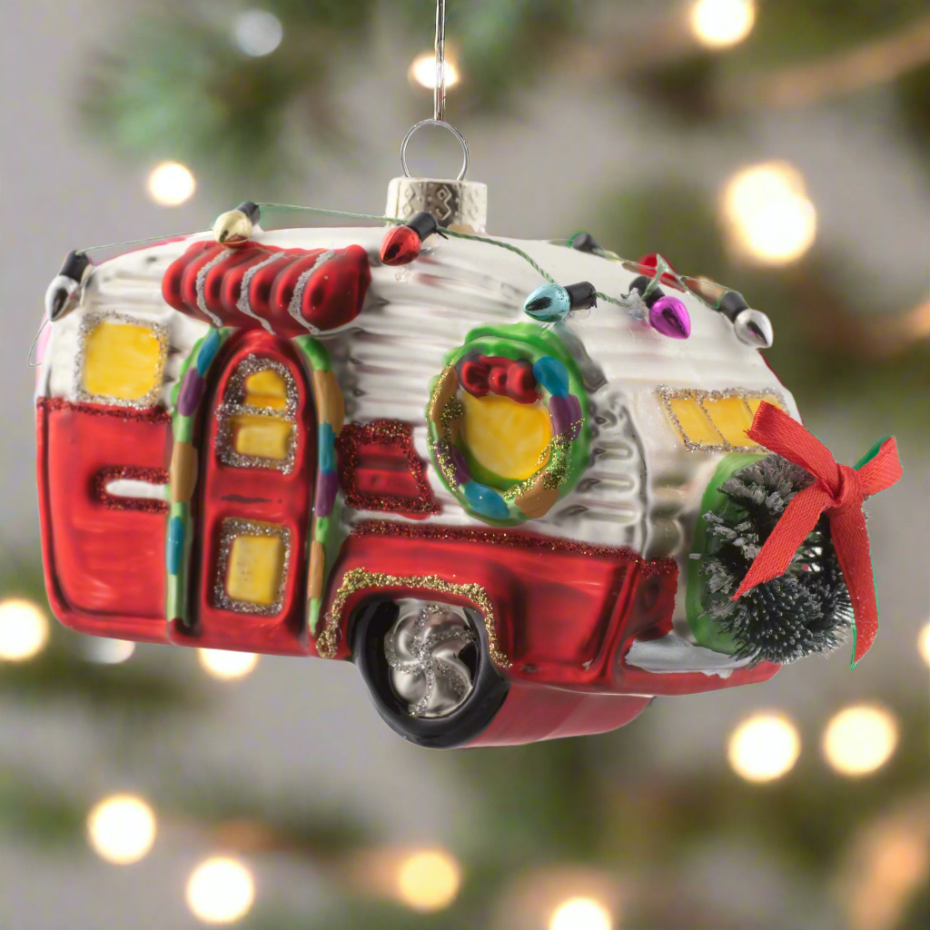 Red Camper Trailer Mercury Glass Ornament