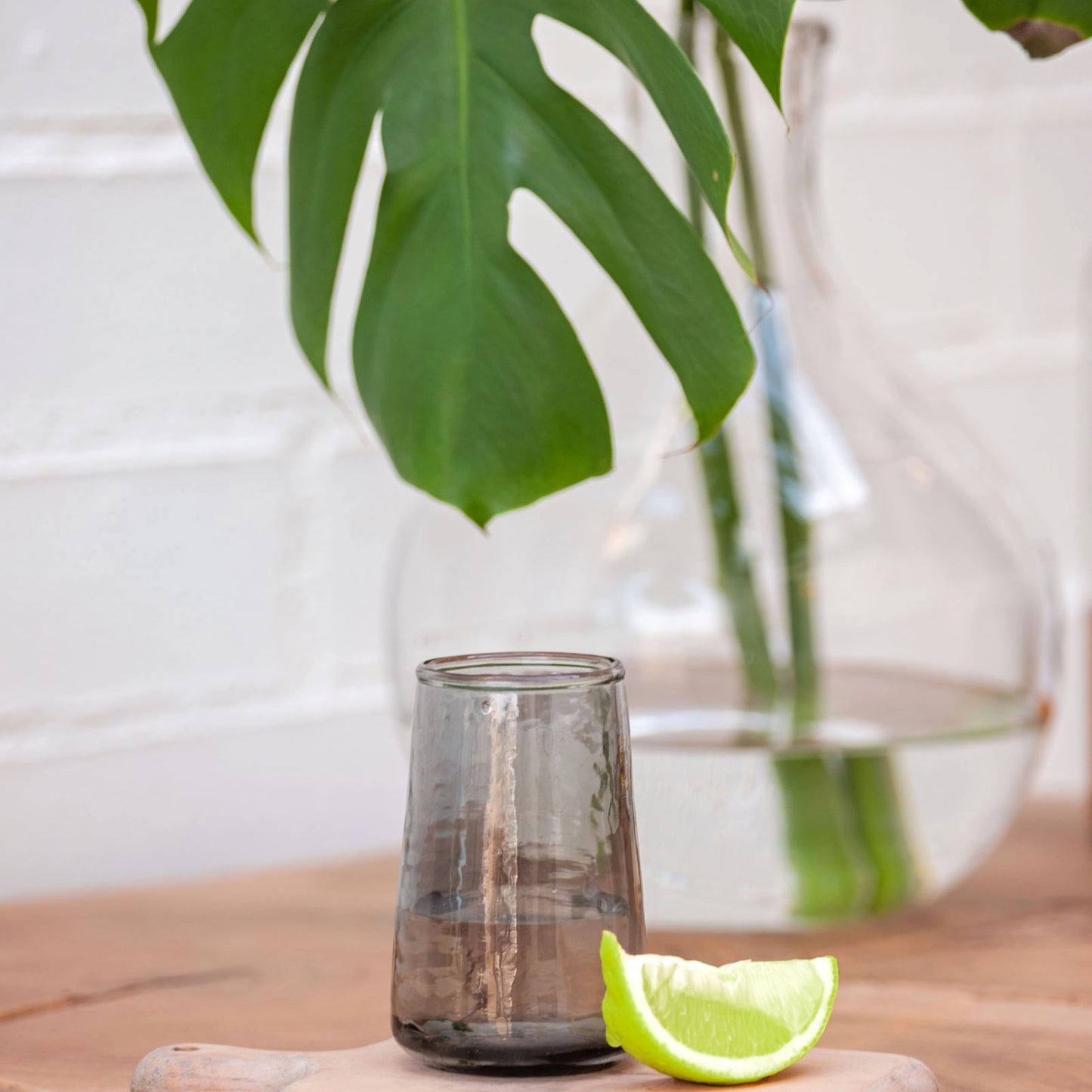 Gray Catalina Double Shot Glass Set on a table with foliage