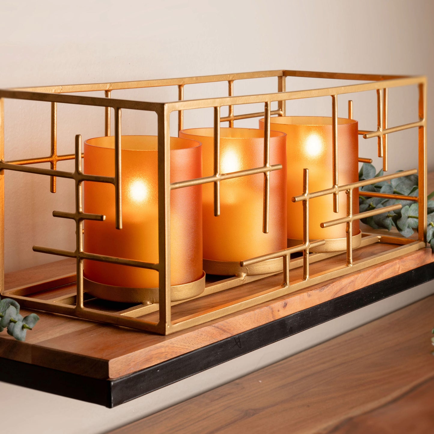 Amber Hatched Metal Lantern w/ Frosted Glass