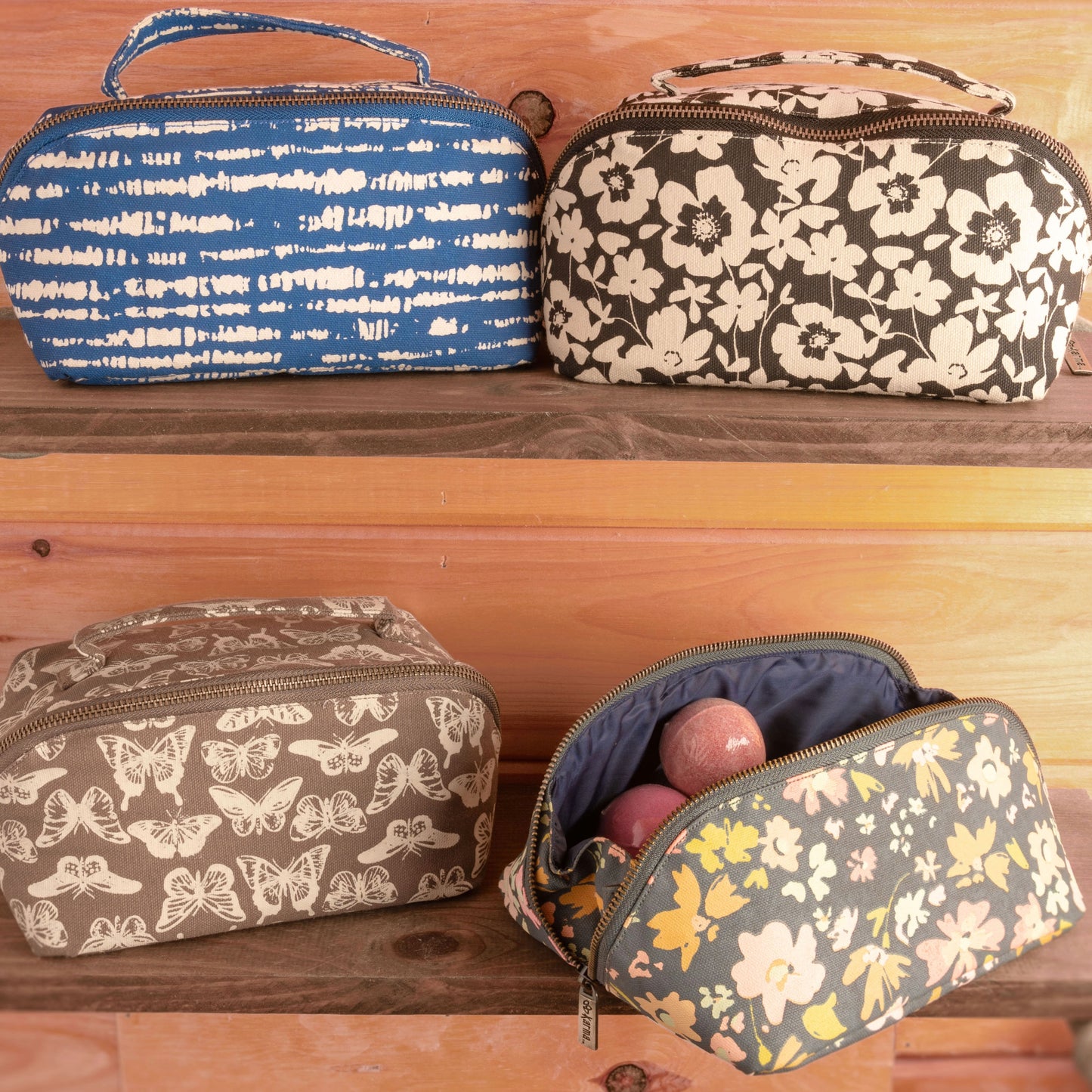 Zip cosmetic bags on a shelf