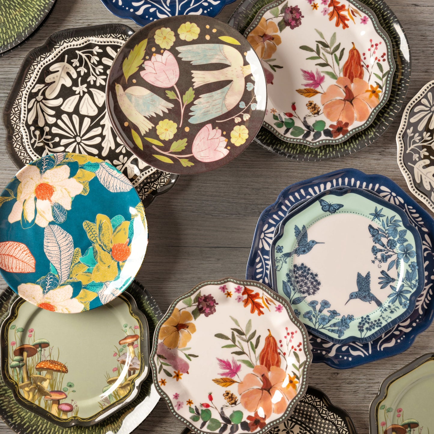 Melamine plates stacked on a table.