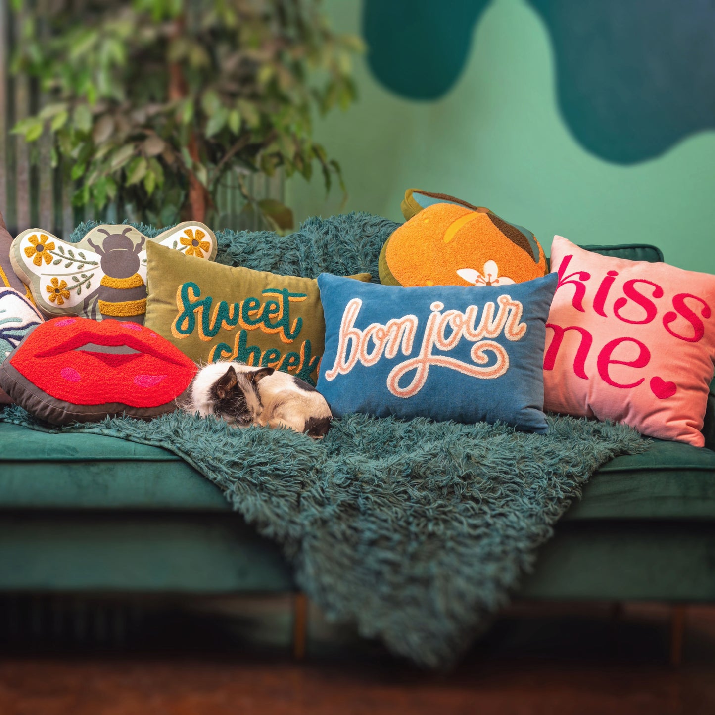 Shaped and velvet pillows on a green couch