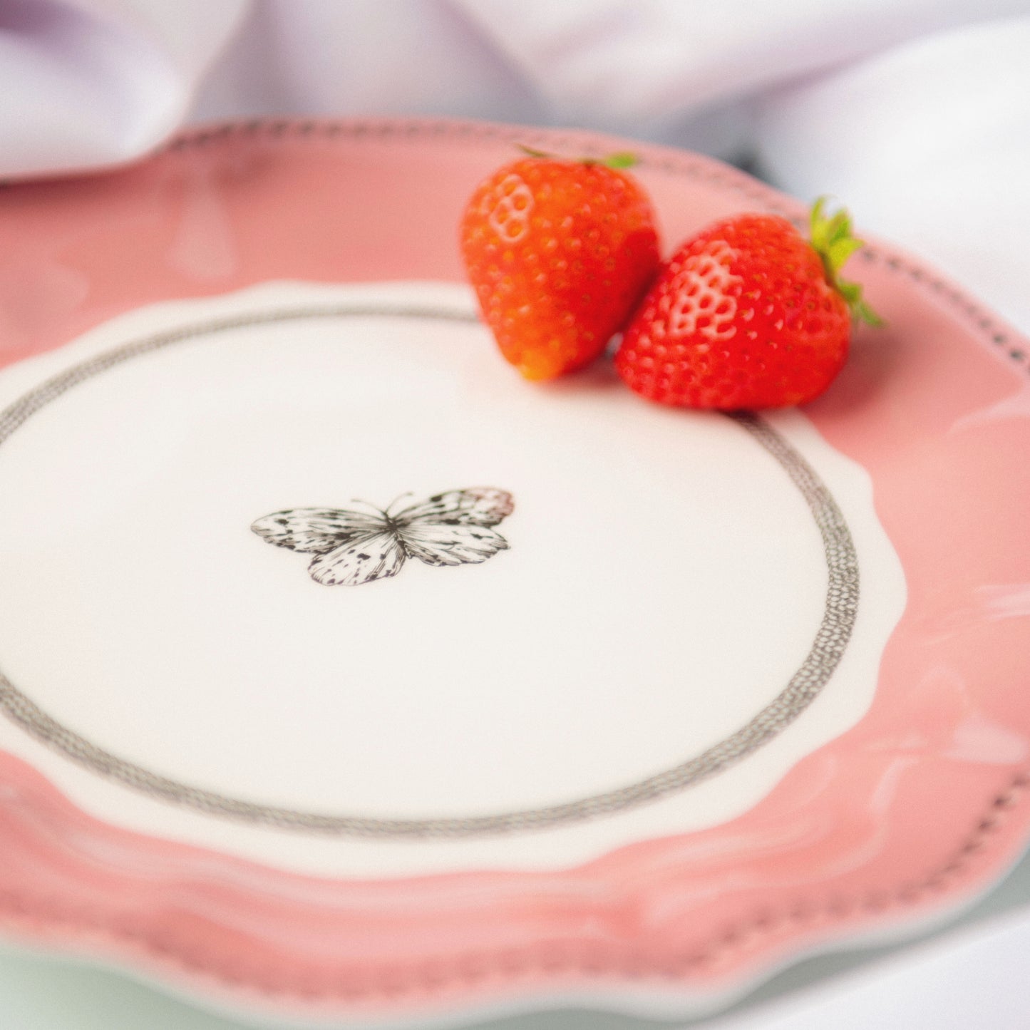 Butterfly melamine plate with strawberries.