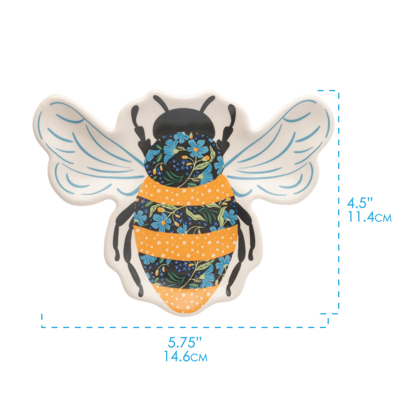 Bee calico trinket tray infographic showing dimensions. 