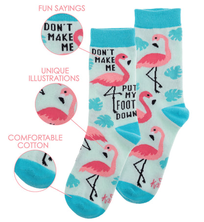 Crew socks infographic showing product features, including fun sayings, unique illustrations, and material. 