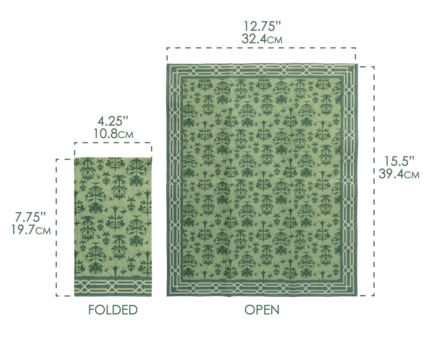 Guest towel paper napkins infographic showing dimensions folded and unfolded.
